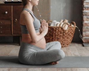 Mom-to-be wearing maternity leggings relaxing at home