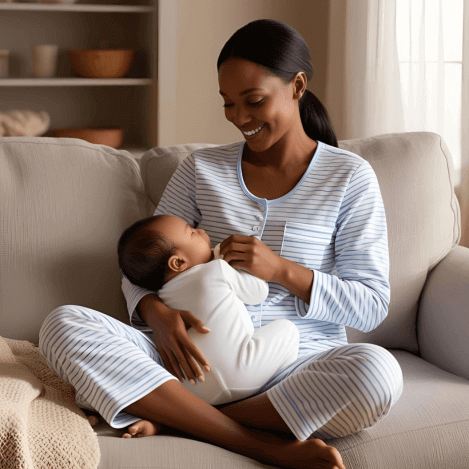 "new mom breastfeeding in nursing wear at home"