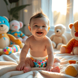 baby wearing diaper and smiling