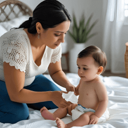 mother changing baby’s diaper with gentle wipes