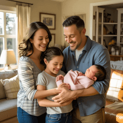 New parents smiling with newborn baby