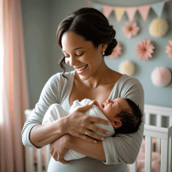 Mom & Baby Weekly Update - “New mom smiling while holding her newborn baby