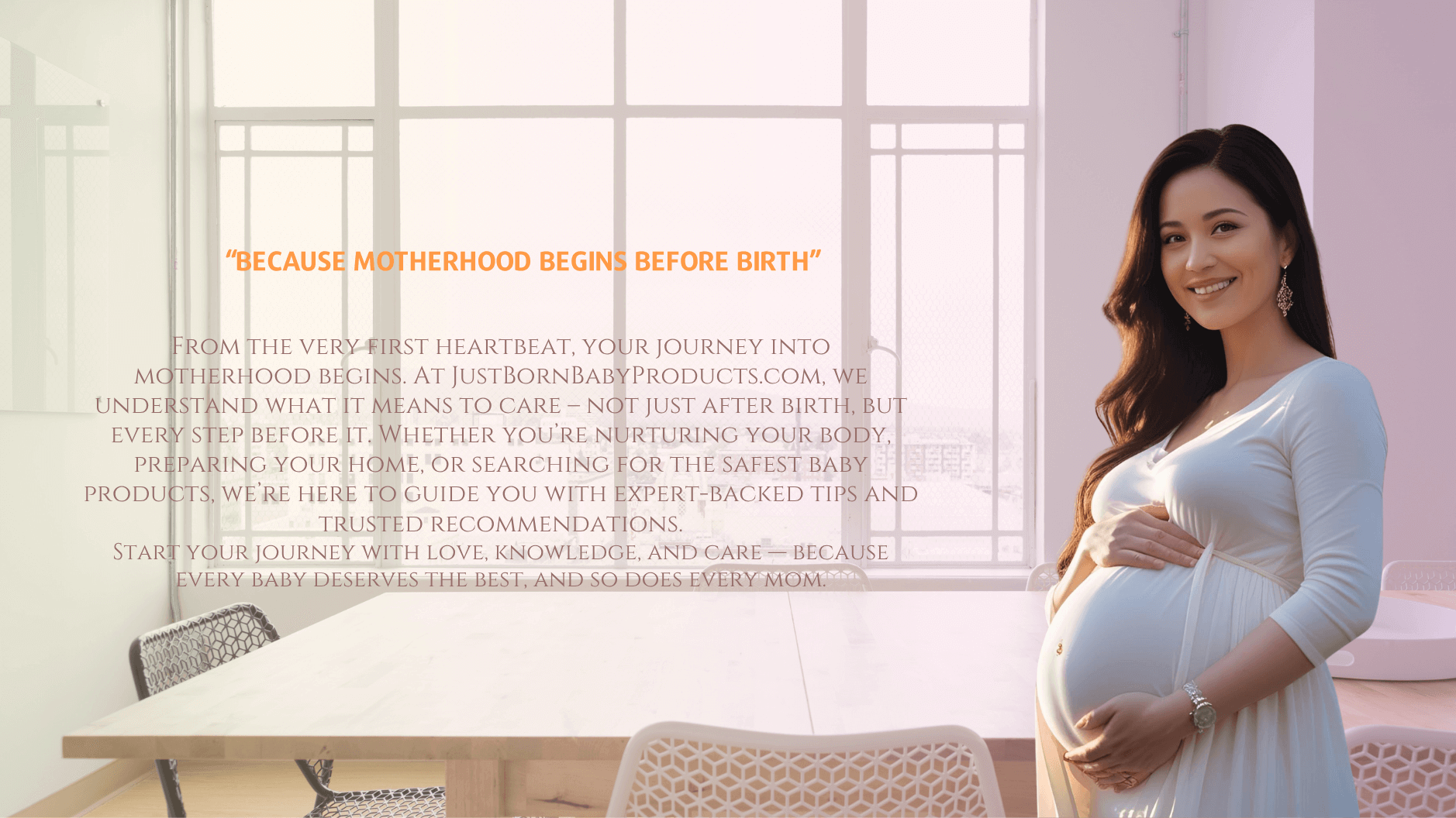 "Pregnant mom smiling while holding baby bump in natural light" Home